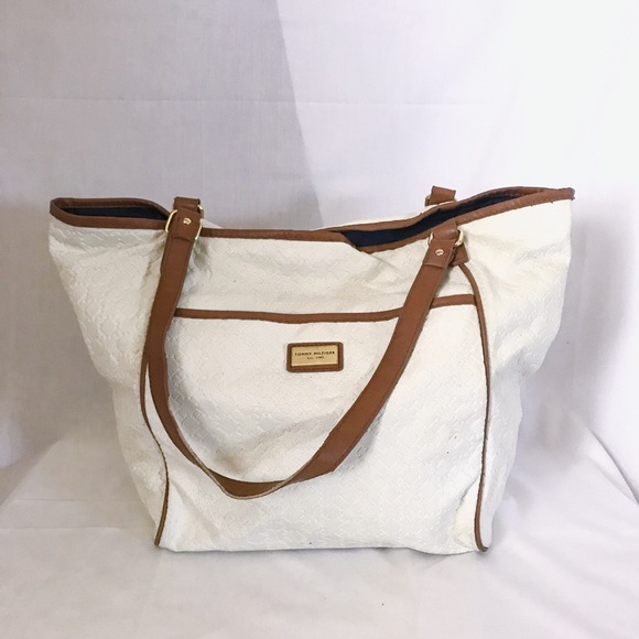 Tommy Hilfiger Handbags - tommy hilfiger // white and brown vegan leather tote bag
